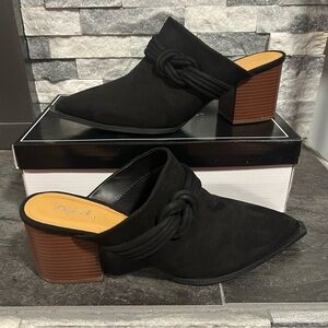New in Box, Quipid Black Suede Mules with Block Heel
